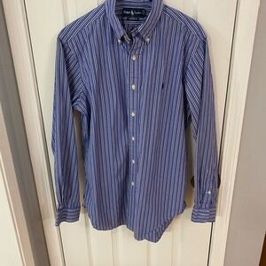 Ralph Lauren Button Down Shirt Mens Medium Blue White Striped Classic Fit Cotton